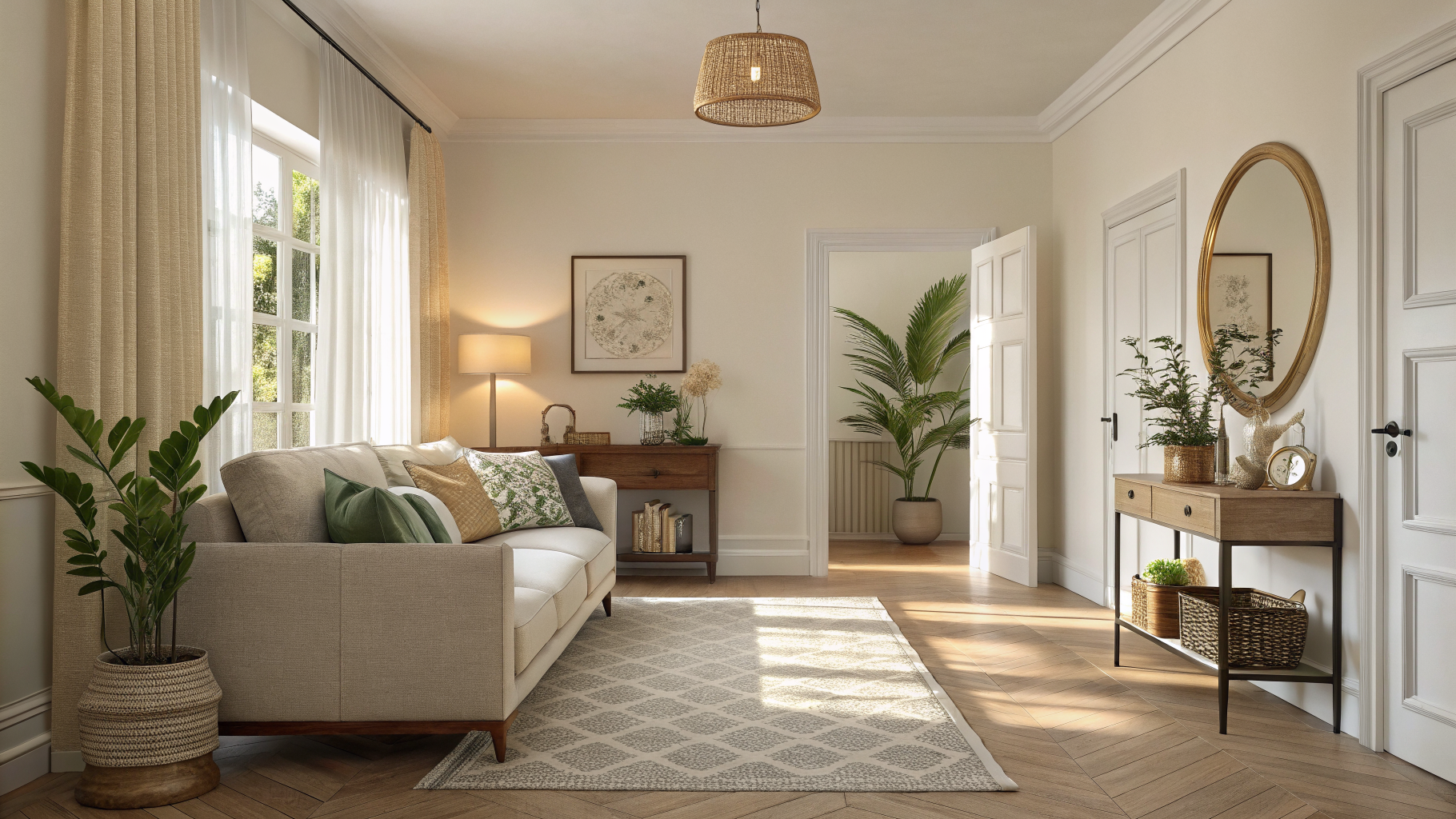 A styled living room with a neutral area rug and floor lamp beside a narrow entryway featuring a mirror, tray, and potted plant