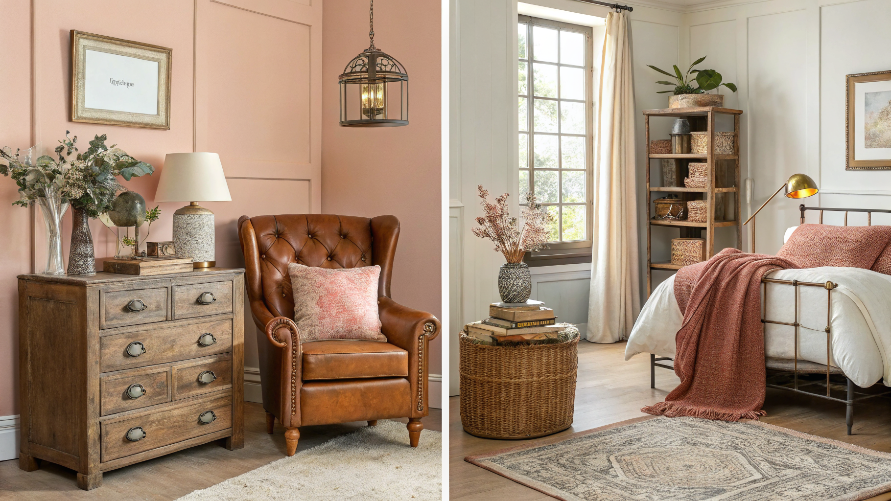 Four vintage-styled room vignettes showing a curated living room corner, layered bedroom textiles, aged brass kitchen hardware, and a minimal vintage bathroom arrangement