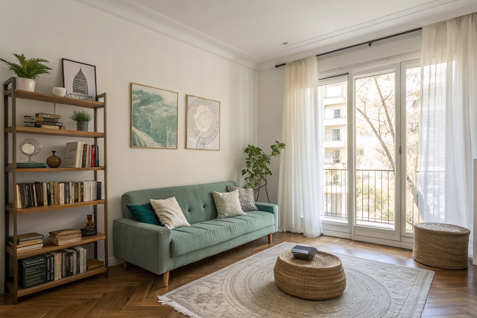 A small but thoughtfully styled apartment living room with curated furniture, natural light, and a calm personality-filled aesthetic