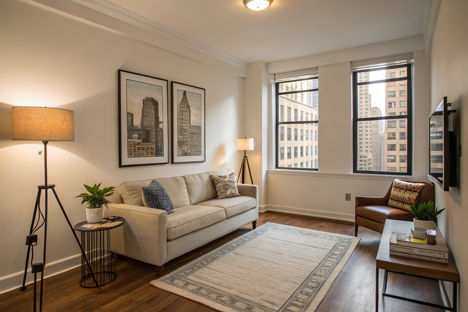 A small apartment living room styled correctly with a large art piece, properly sized rug, furniture pulled from the walls, and layered lighting creating an airy and intentional space