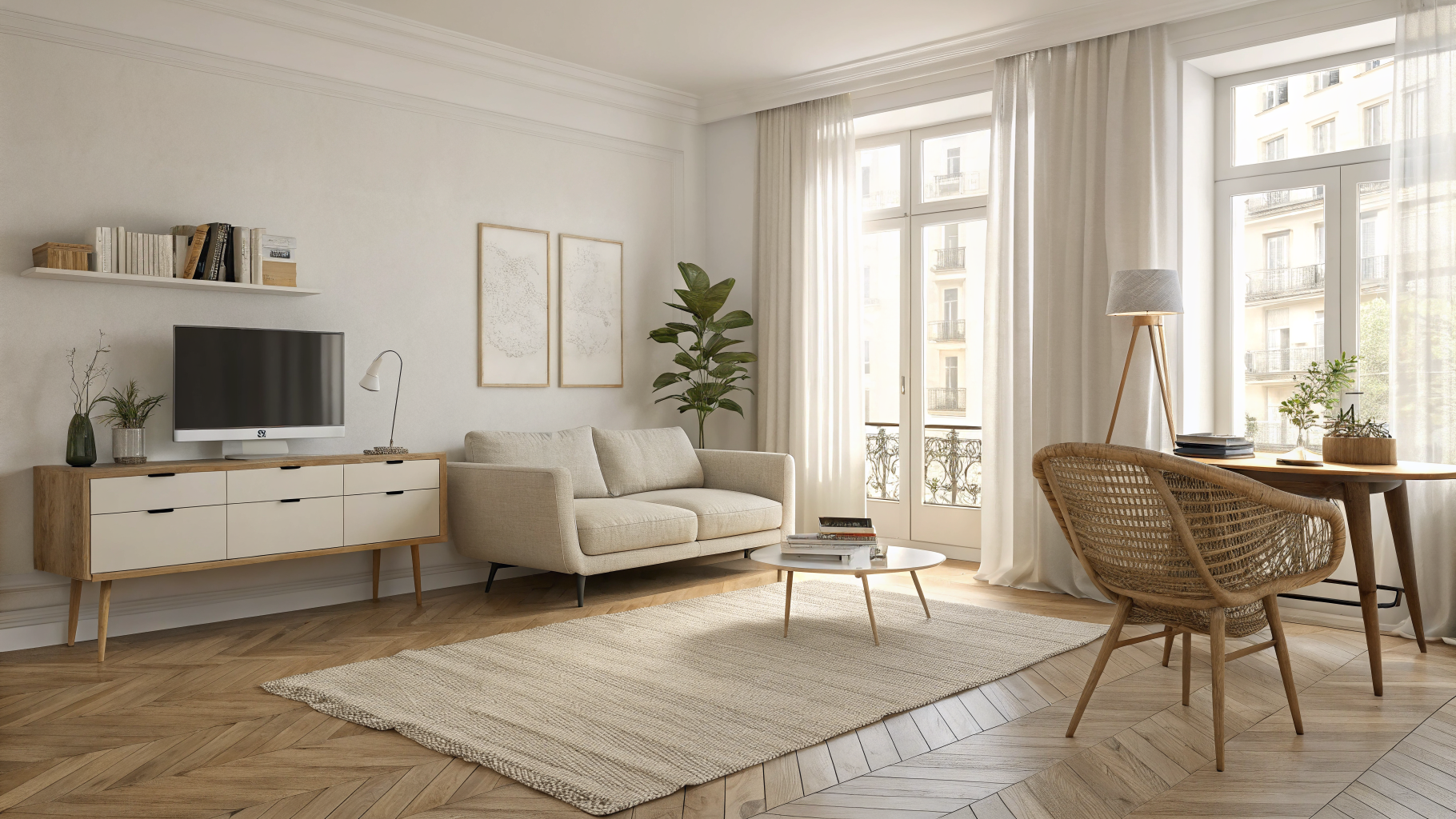 A bright, stylish small apartment living room with a raised-leg linen sofa, lucite accent chair, large area rug, and multifunctional storage ottoman creating an open and expensive-looking space