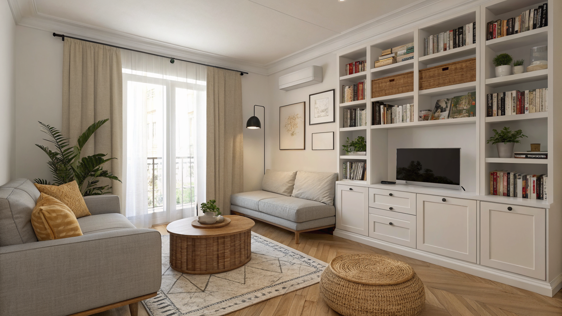 A small apartment living room styled with a compact gray sofa, tall vertical shelving, and an ottoman with storage, decorated in light tones to maximize the sense of space
