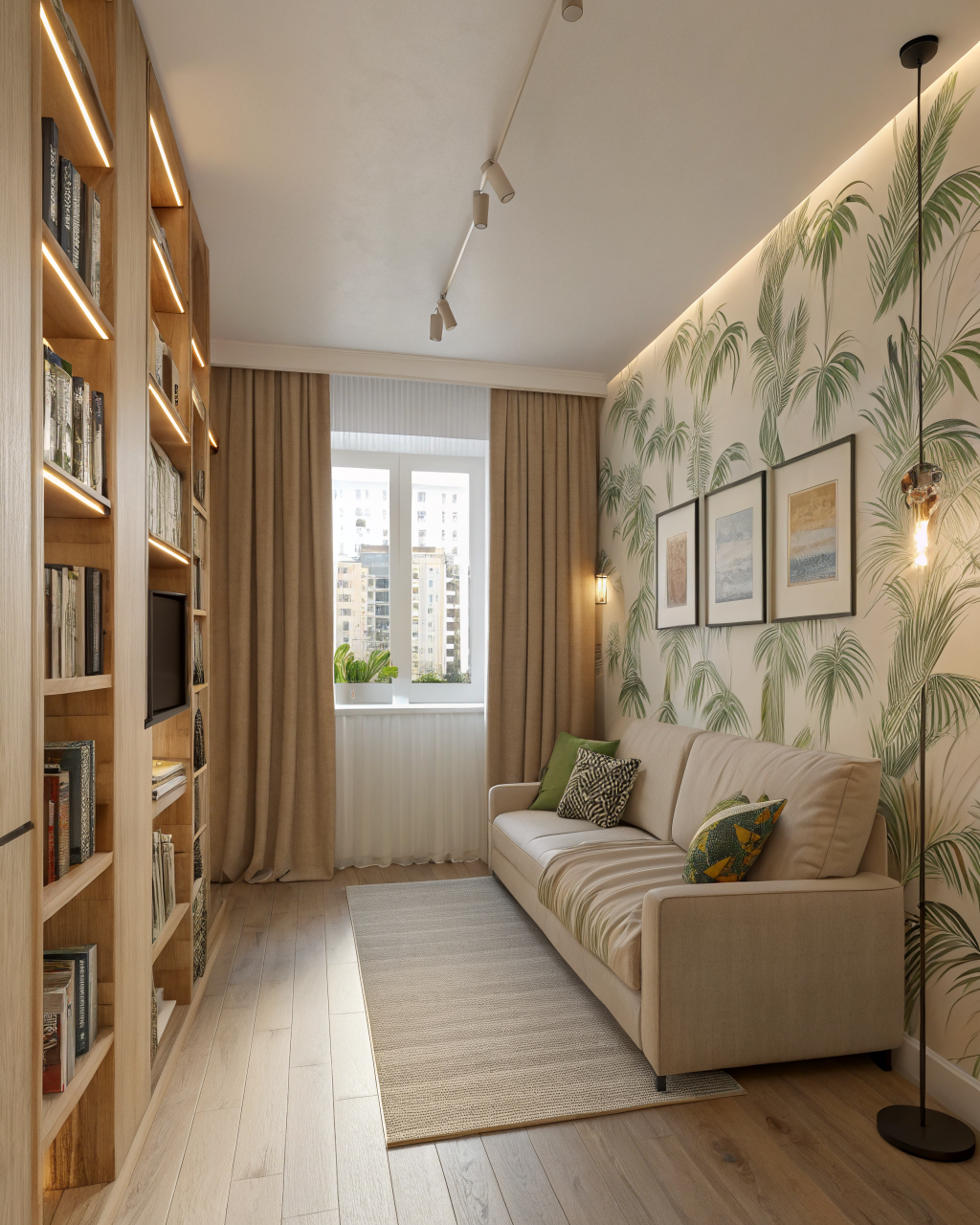 A small rental apartment living room with low ceilings styled using tall bookshelves, floor-length curtains, and a floating sofa arrangement to maximize the sense of space