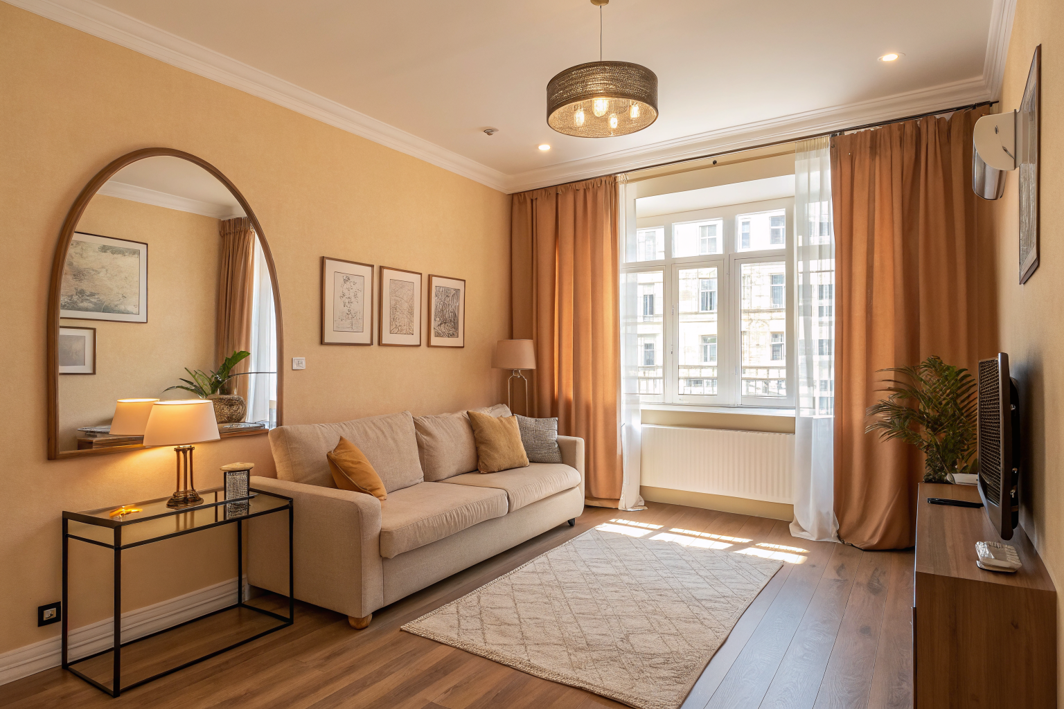 A small apartment living room made to feel spacious using tonal linen walls and curtains, a large reflective mirror across from a window, and layered lighting at three heights