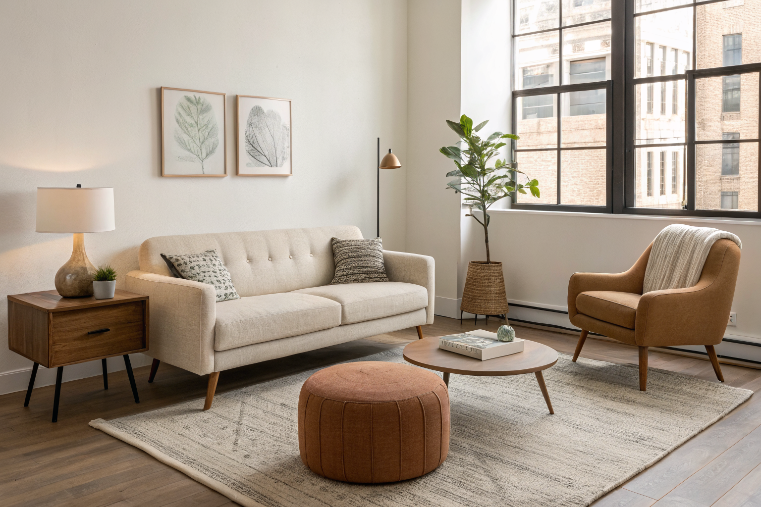 A small apartment living room styled with exposed-leg sofa, storage ottoman, mismatched accent chairs, and a narrow console table to maximize space and light