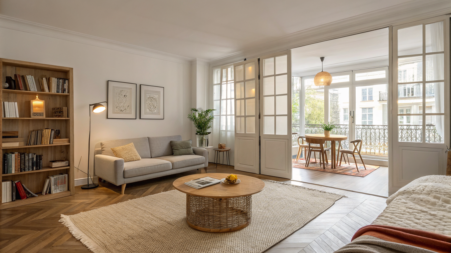 A studio apartment divided into distinct living, dining, and sleeping zones using area rugs, an open bookshelf divider, and a pendant light above a small dining table