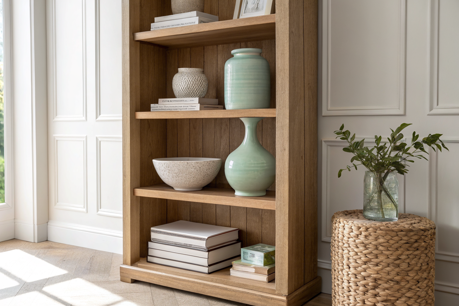 A neatly styled wooden bookshelf with a tall ceramic vase, a stack of books, and a small sculpture arranged with intentional negative space in a bright living room