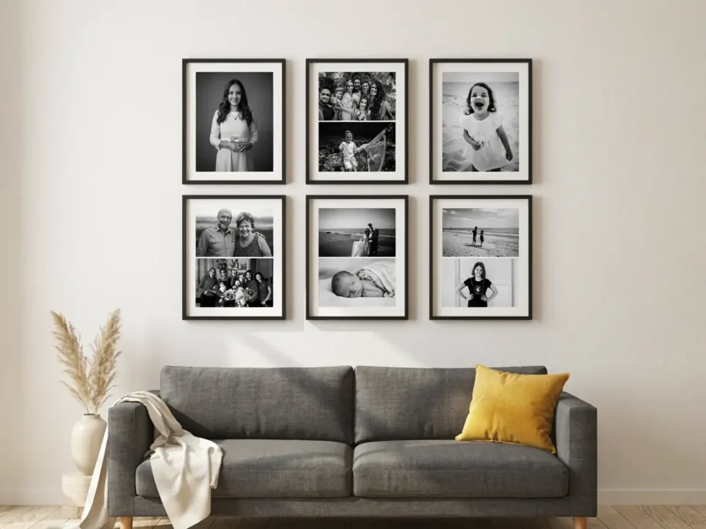 Symmetrical grid photo wall display using identical black 8x10 frames