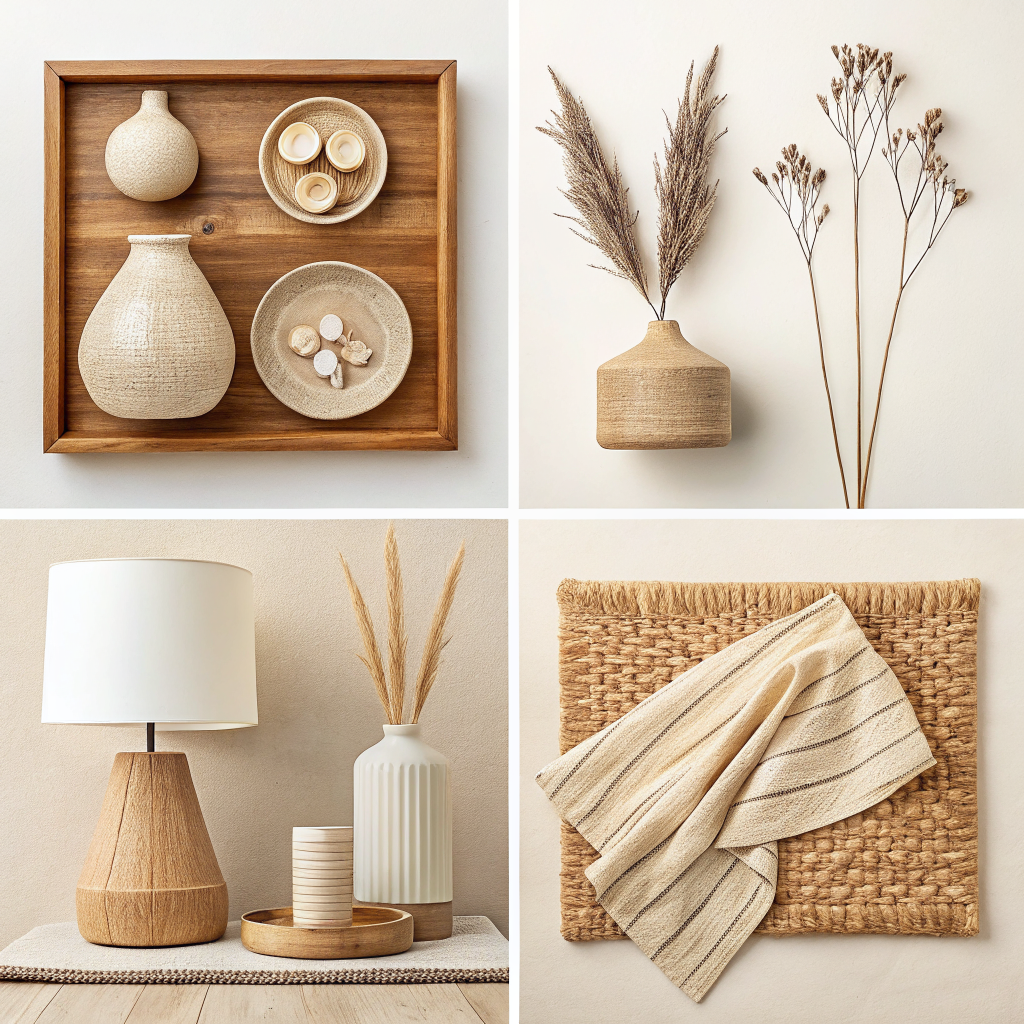 Four home decor aesthetic vignettes side by side showing Japandi, coastal grandmother, modern organic, and dark academia styles achievable through Amazon