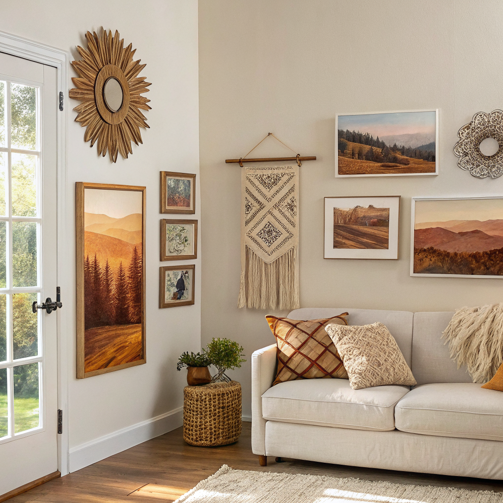 A styled living room wall featuring multiple types of art including a large canvas painting, a woven textile hanging, a gallery wall, a ceramic wall plate, and a decorative mirror