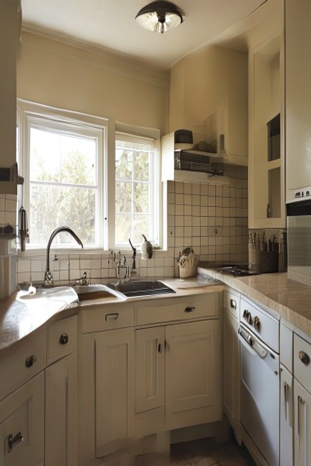 A residential kitchen showing common decorating mistakes including mismatched metal finishes, overhead-only lighting, bare windows, and builder-grade hardware