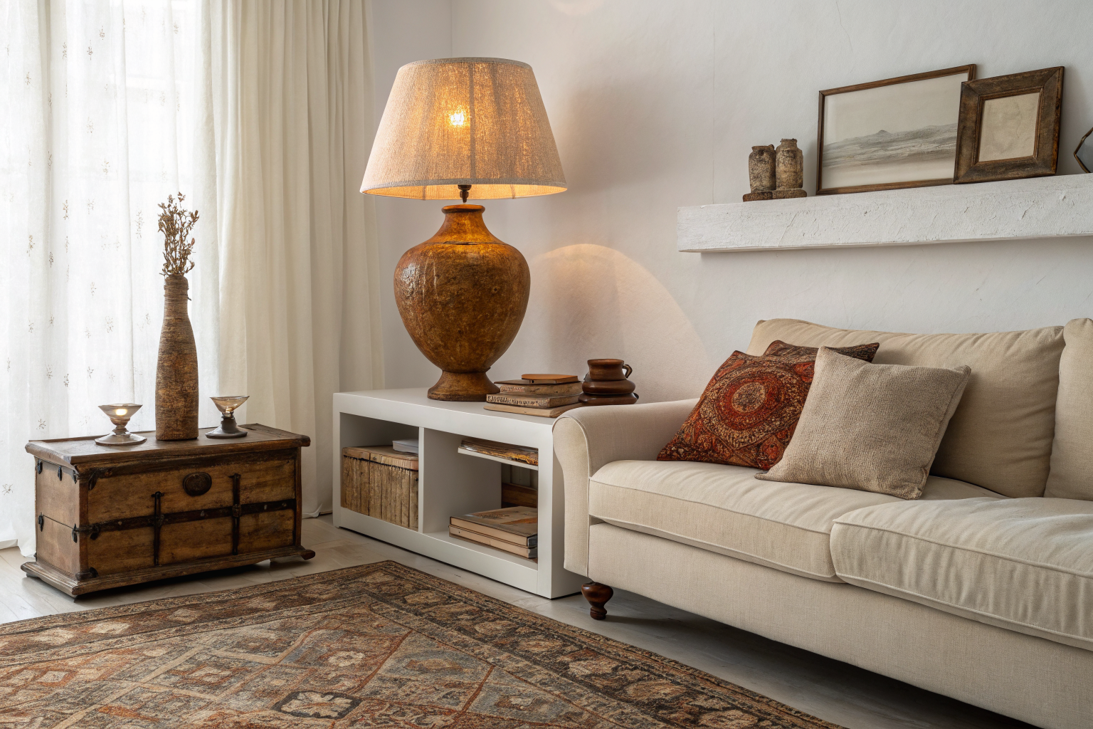 A balanced living room mixing a vintage ceramic lamp and antique wooden table with a modern linen sofa and white walls, demonstrating intentional vintage aesthetic styling