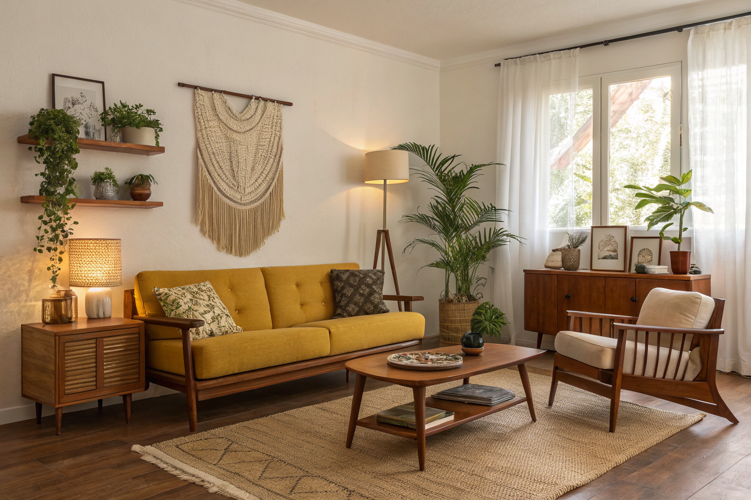 A living room mixing mid-century modern and 1970s bohemian vintage furniture, featuring a mustard sofa, rattan chair, walnut coffee table, and macramé wall hanging in warm earthy tones