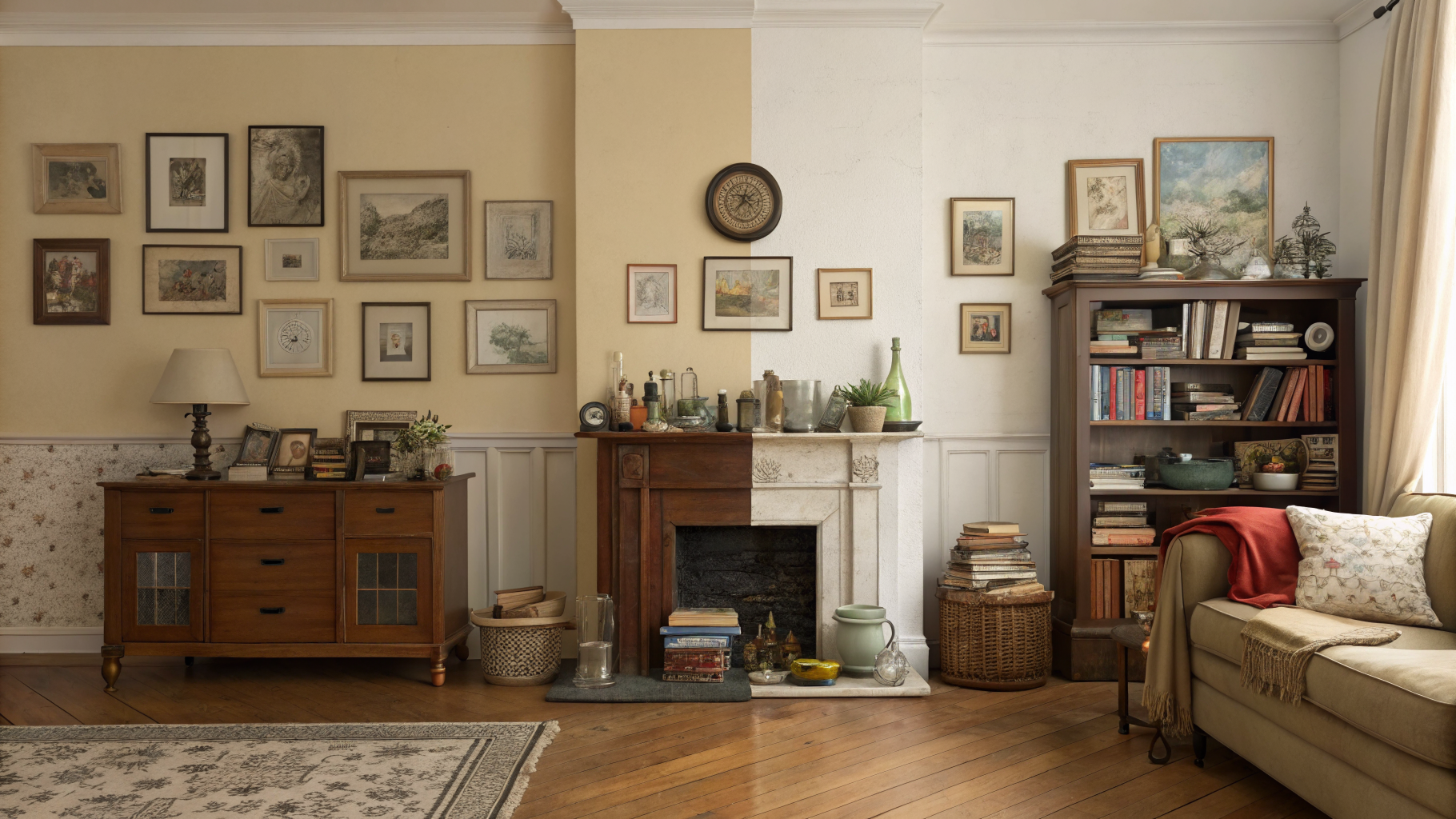 Side-by-side comparison of a vintage living room showing overcrowded wall art and surfaces on the left versus a thoughtfully edited, charming vintage arrangement with breathing room on the right