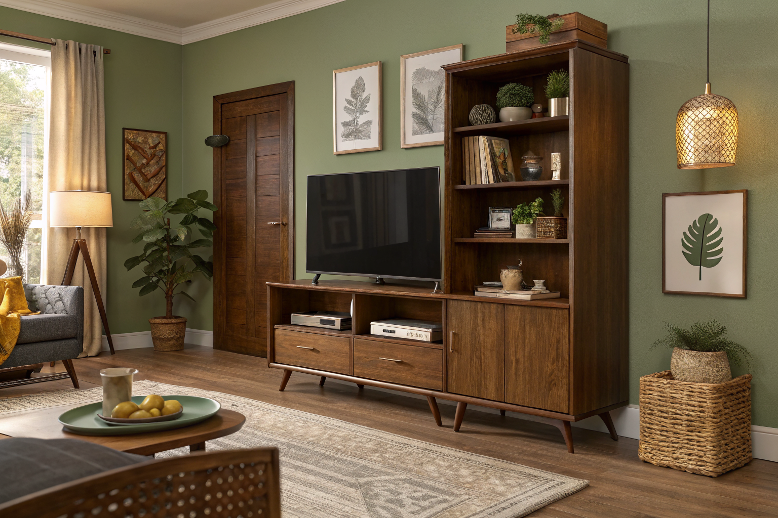 A mid-century living room with a flat-screen TV integrated inside an open vintage armoire painted walnut brown, surrounded by ceramic vases and rattan baskets that hide cords, lit warmly by an Edison filament bulb