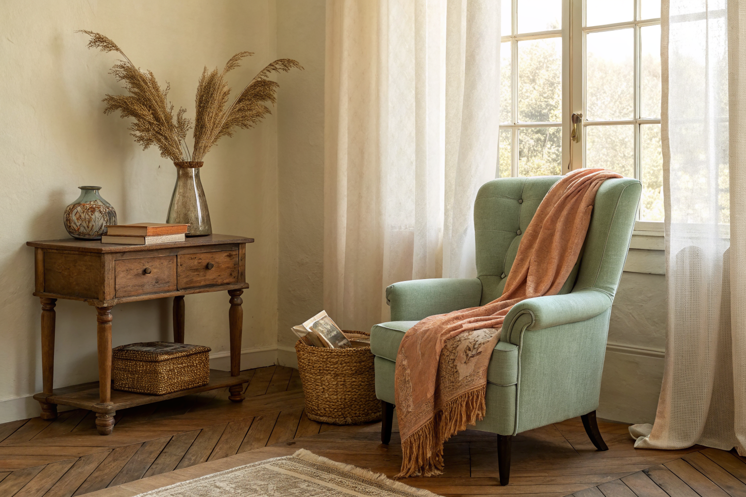A warmly lit vintage room corner with ivory cream walls, a dusty sage armchair, terracotta throw, and warm oak wood tones creating a harmonious, curated aesthetic