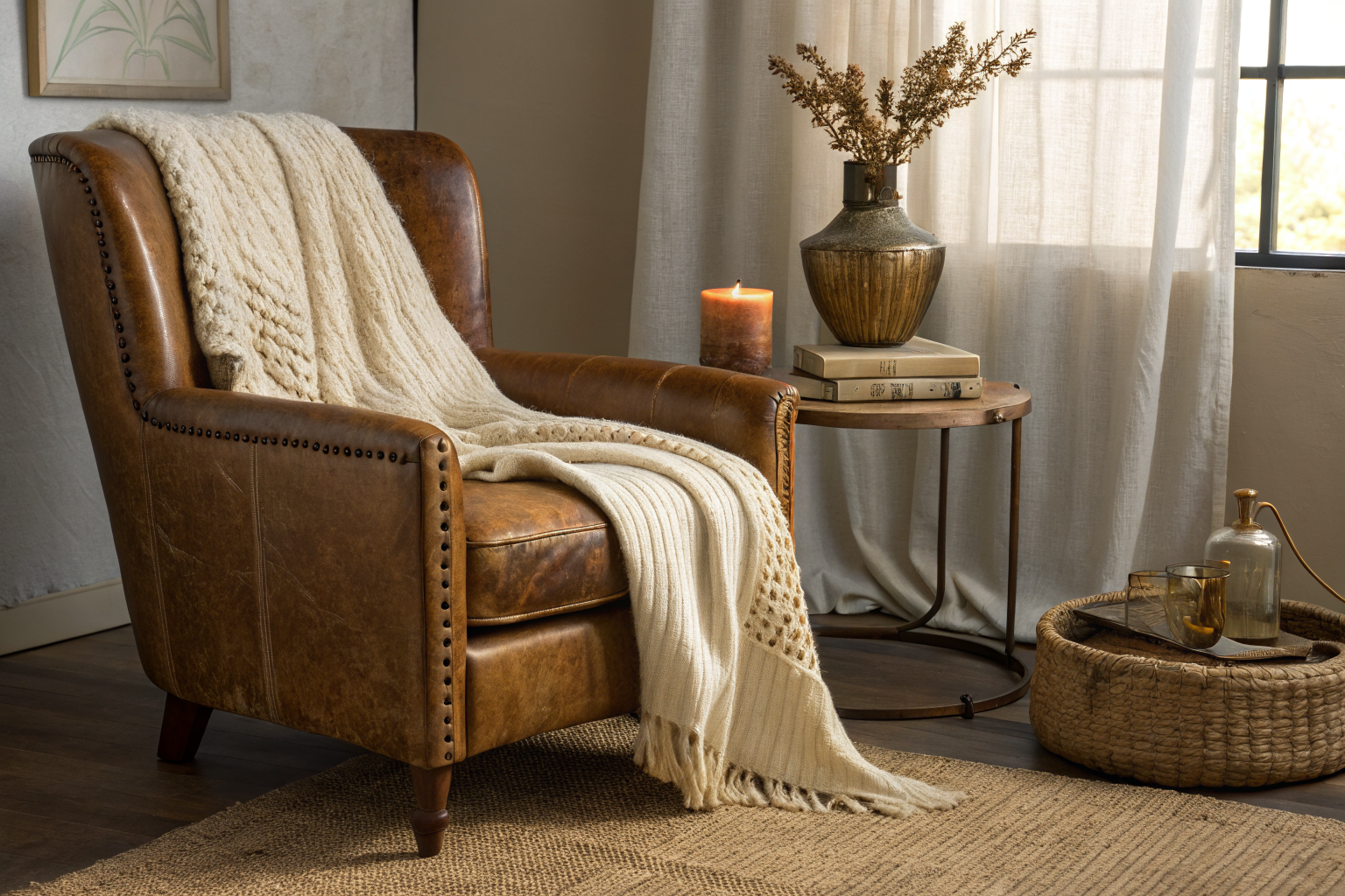 A vintage-styled armchair corner showing layered textures including leather, knit throw, jute rug, brass candlestick, and glazed ceramic vase with linen curtains in the background