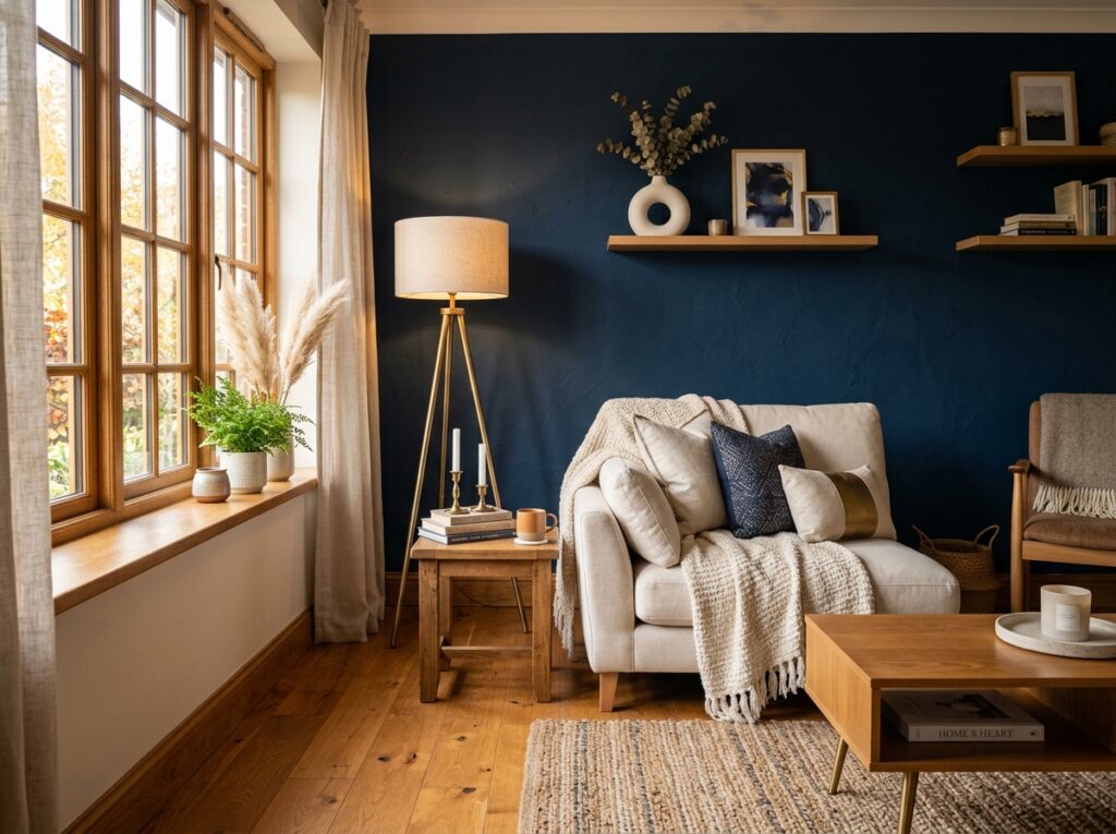 home decor ideas blue living room with navy accent wall and brass accents