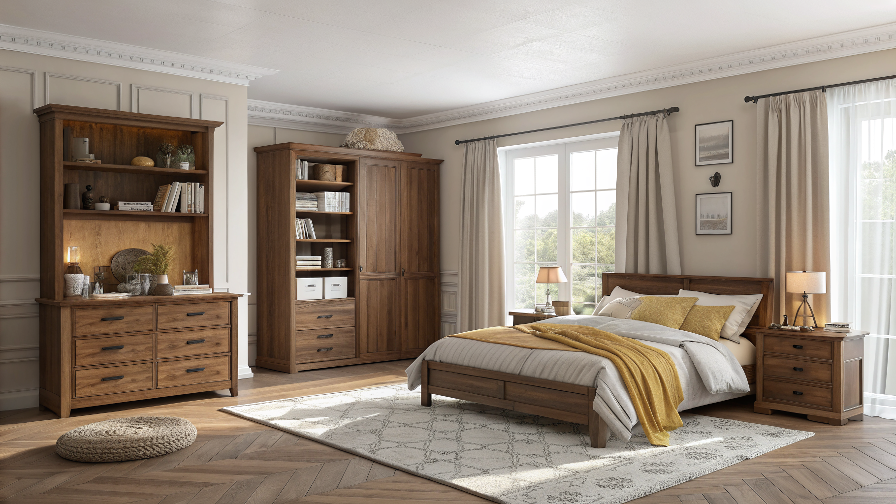 Side-by-side bedroom comparison showing common decorating mistakes like mismatched wood tones and deflated pillows on one side, and a clean cohesive edited bedroom aesthetic on the other