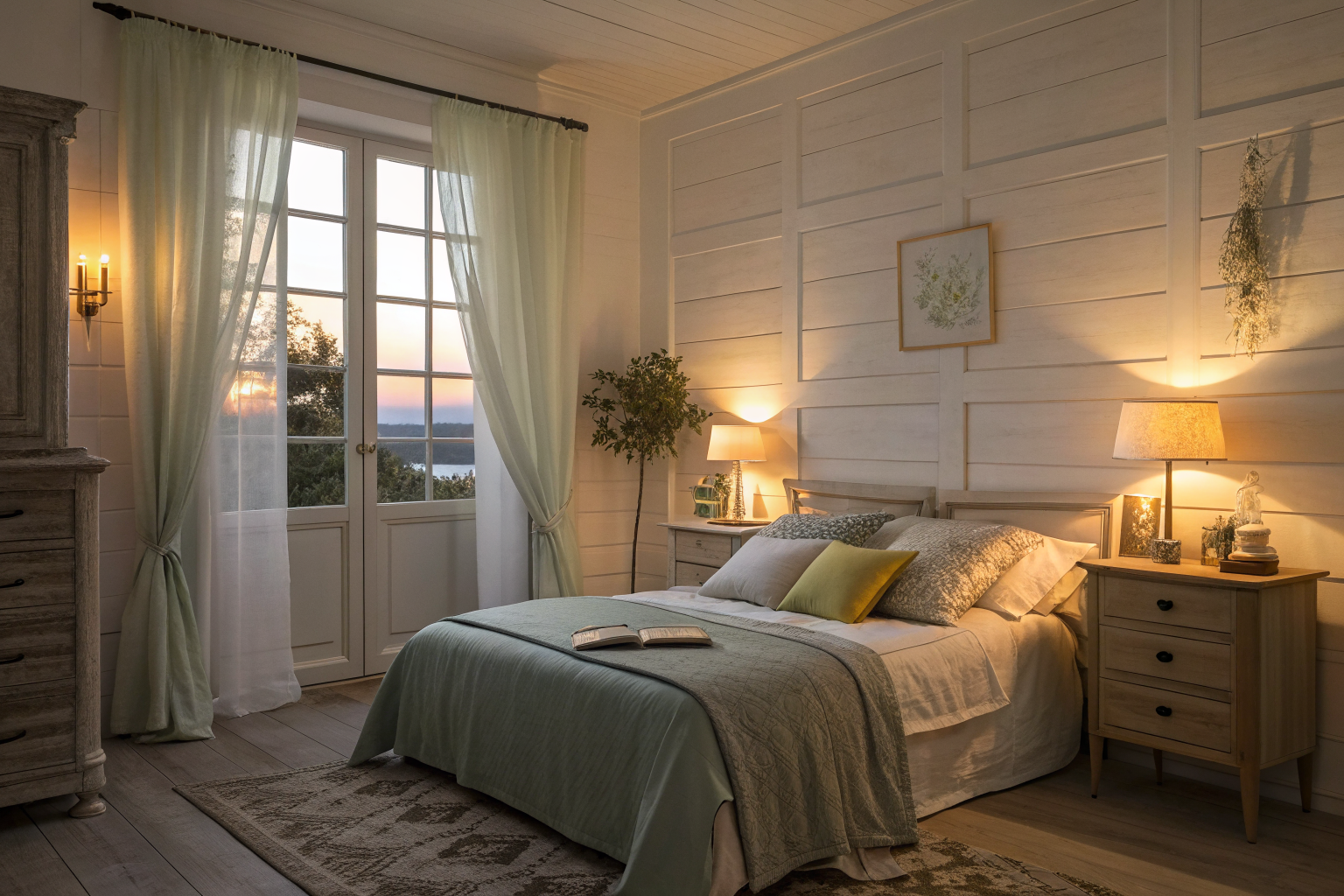 A calm bedroom at dusk with warm antique white walls, sage and clay tone-on-tone bedding, and a glowing warm lamp on a wooden nightstand beside a paint swatch card and notebook