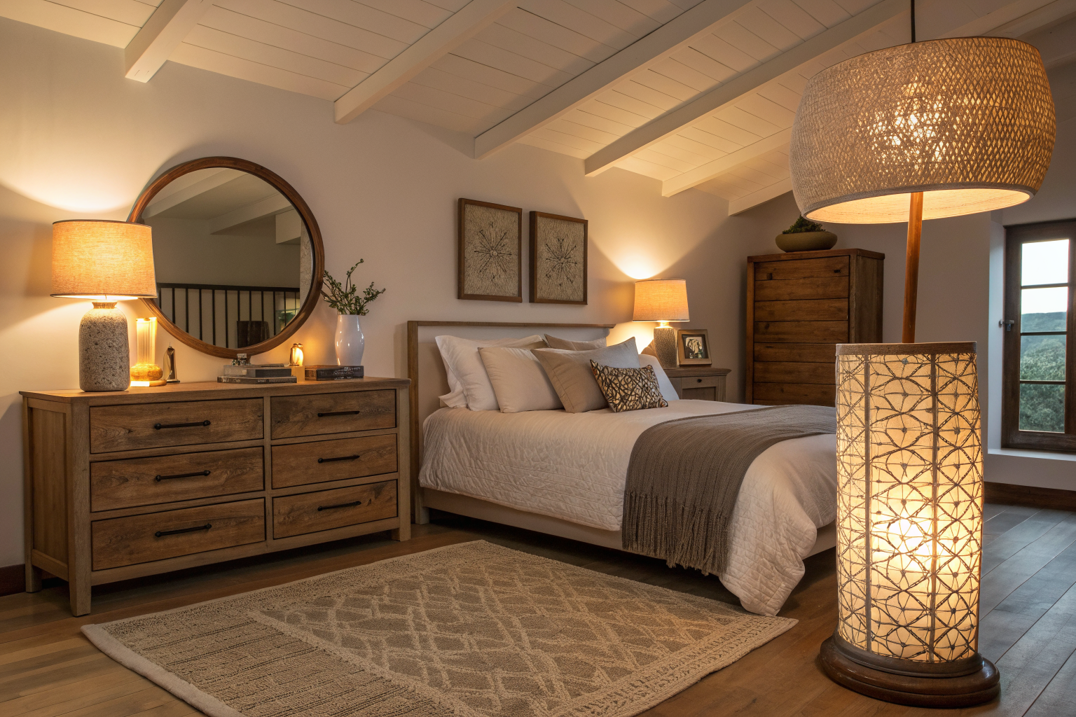 Cozy bedroom at night with two warm bedside table lamps, a corner floor lamp, and a candle on a dresser creating layered ambient lighting