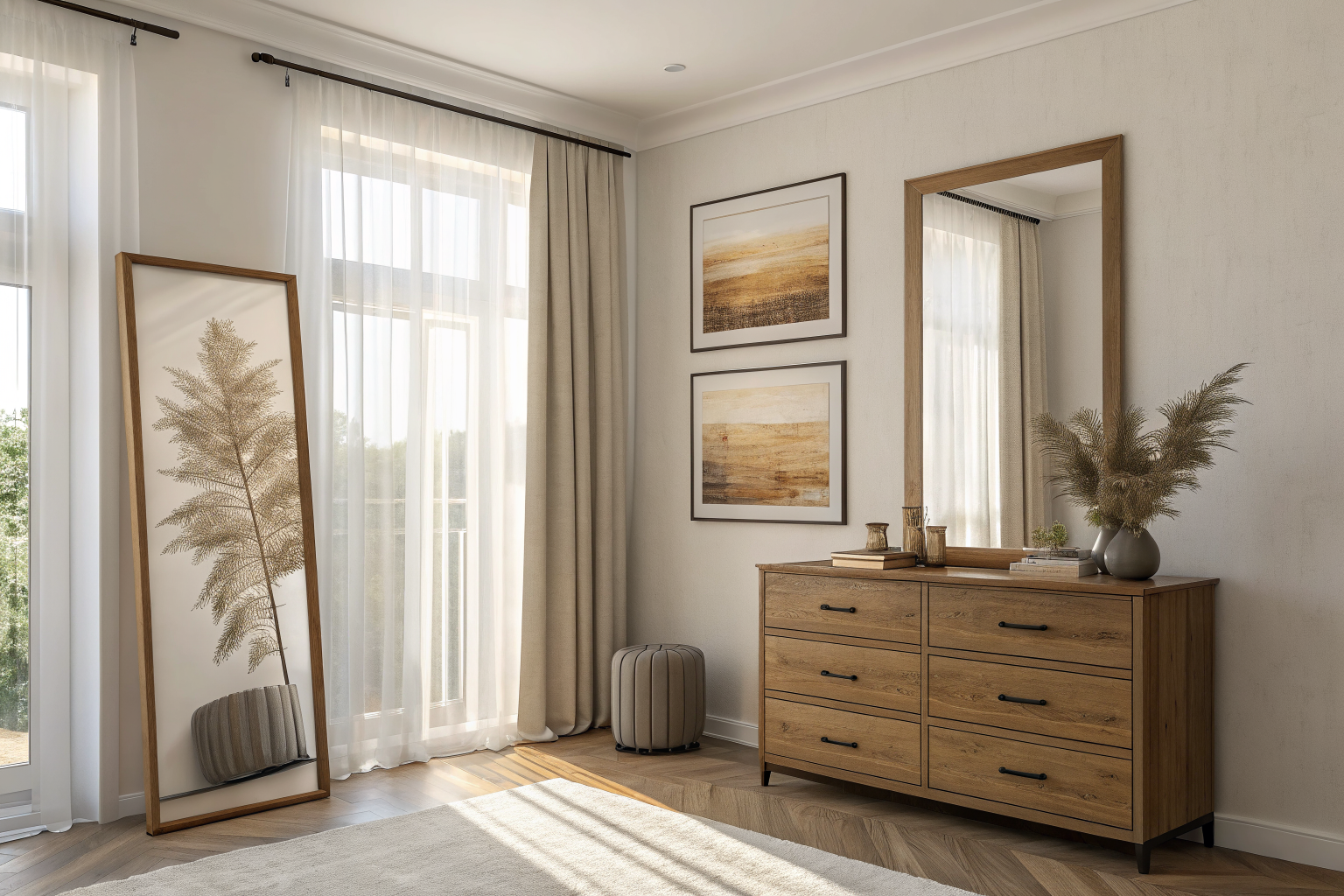 A minimalist bedroom with one large framed art print above a wooden dresser and a leaning floor mirror in the corner, showcasing intentional wall decor placement