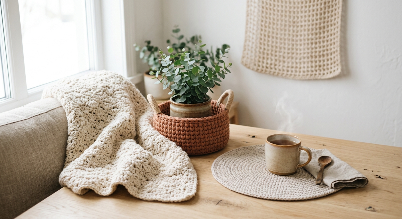 A cozy neutral-toned living space featuring handmade beginner crochet pieces including a chunky cream shell stitch throw, a terracotta T-shirt yarn basket, a flat cotton table mat, and an airy mesh wall hanging