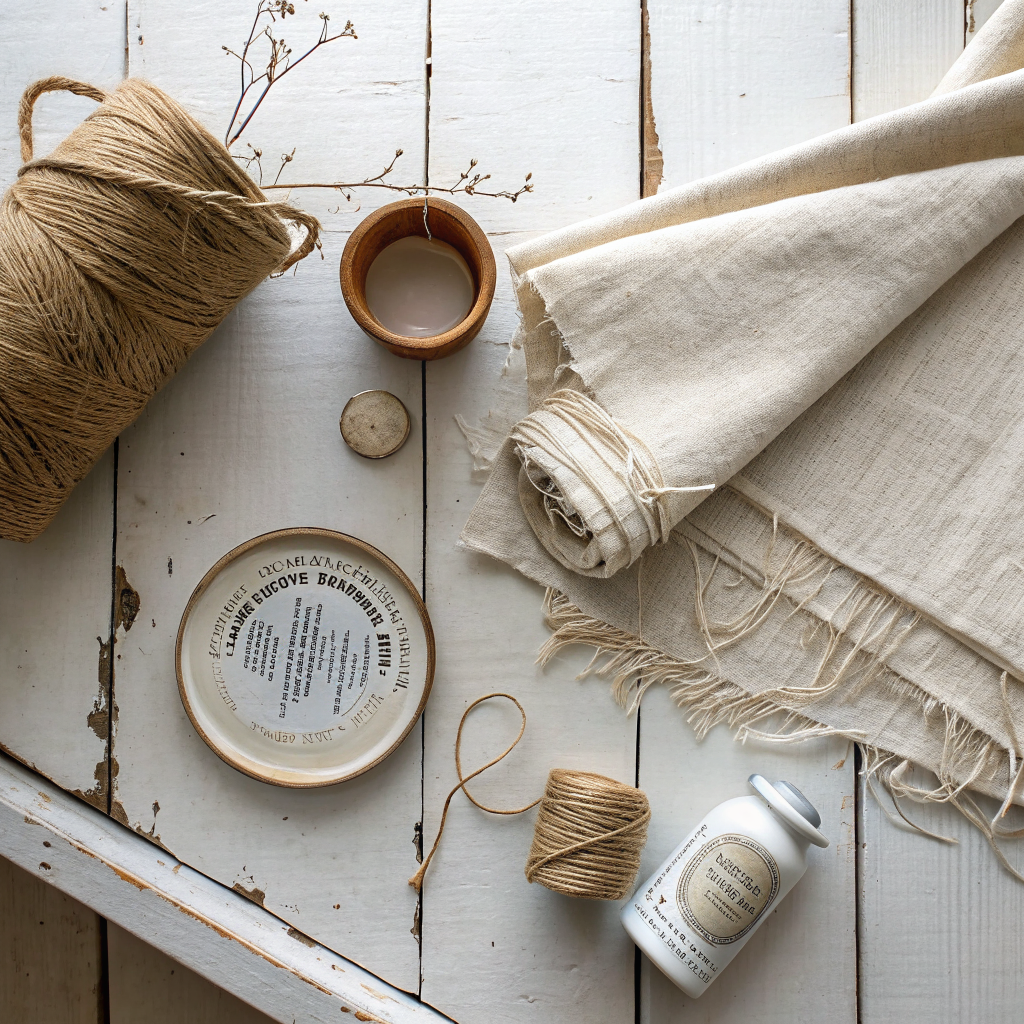 Flat lay of five essential home craft materials including natural linen fabric, air-dry clay, Plaster of Paris, jute twine, and matte spray sealer arranged on a white wooden surface