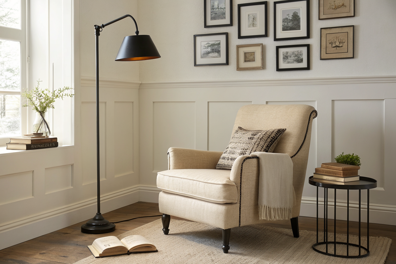 A warm living room corner featuring a single matte black floor lamp next to a linen armchair, with a small grouping of black frames on a white wall, demonstrating intentional and restrained use of black in home decor