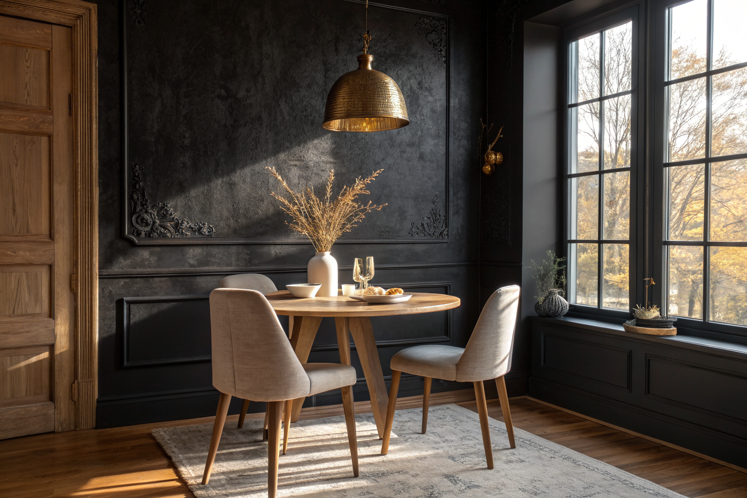 A dining room with a single matte black accent wall bathed in warm golden natural light, showing how black creates a grounded, intentional atmosphere