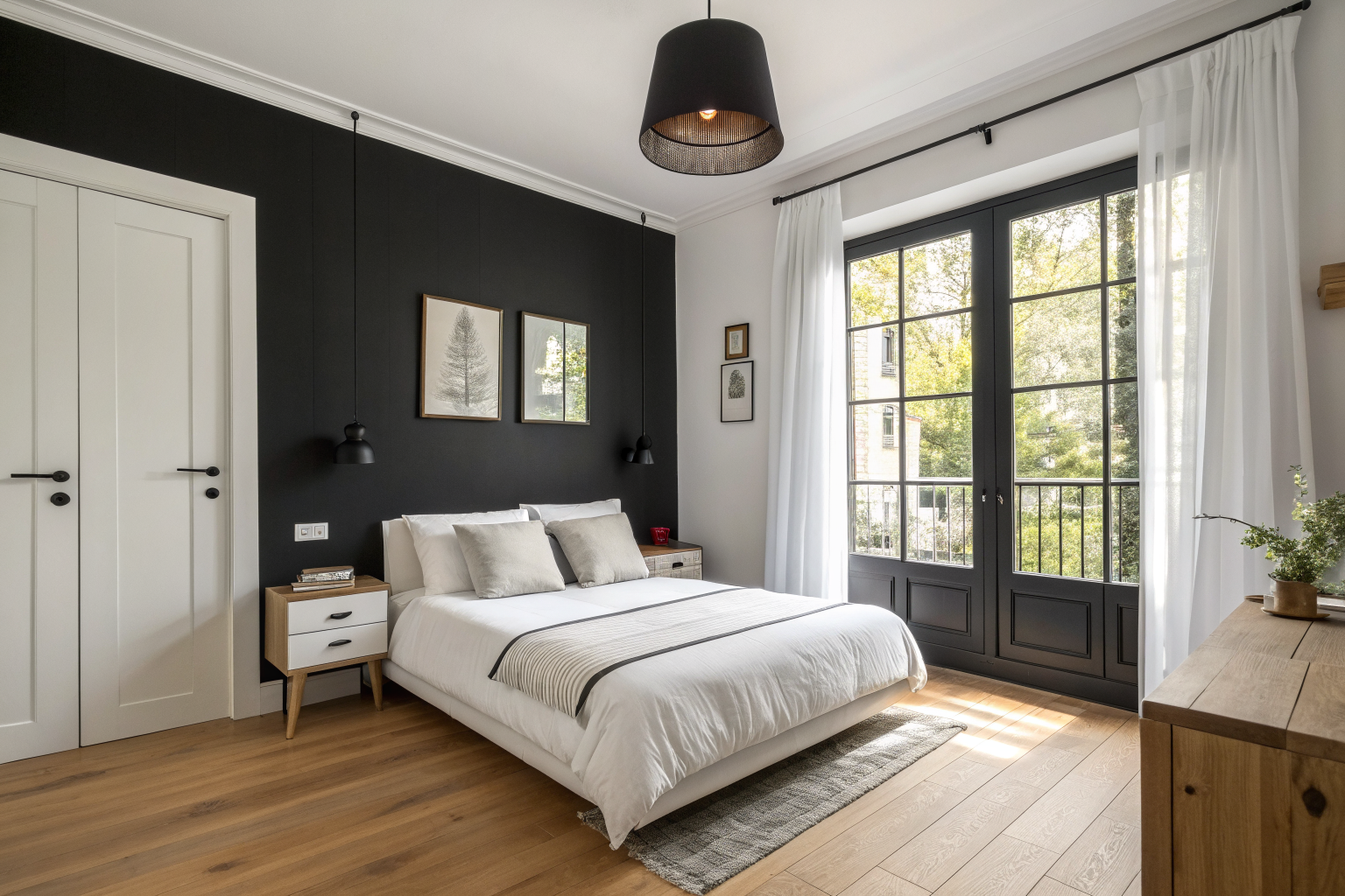 Small bedroom with a single deep matte black accent wall behind the bed, white bedding, a black-framed mirror, and a black pendant light in a bright sunlit room