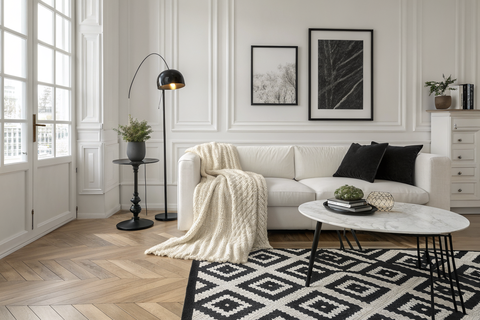 A warm and layered black and white living room featuring a white linen sofa, matte black coffee table, geometric rug, and textured accents on light oak hardwood floors
