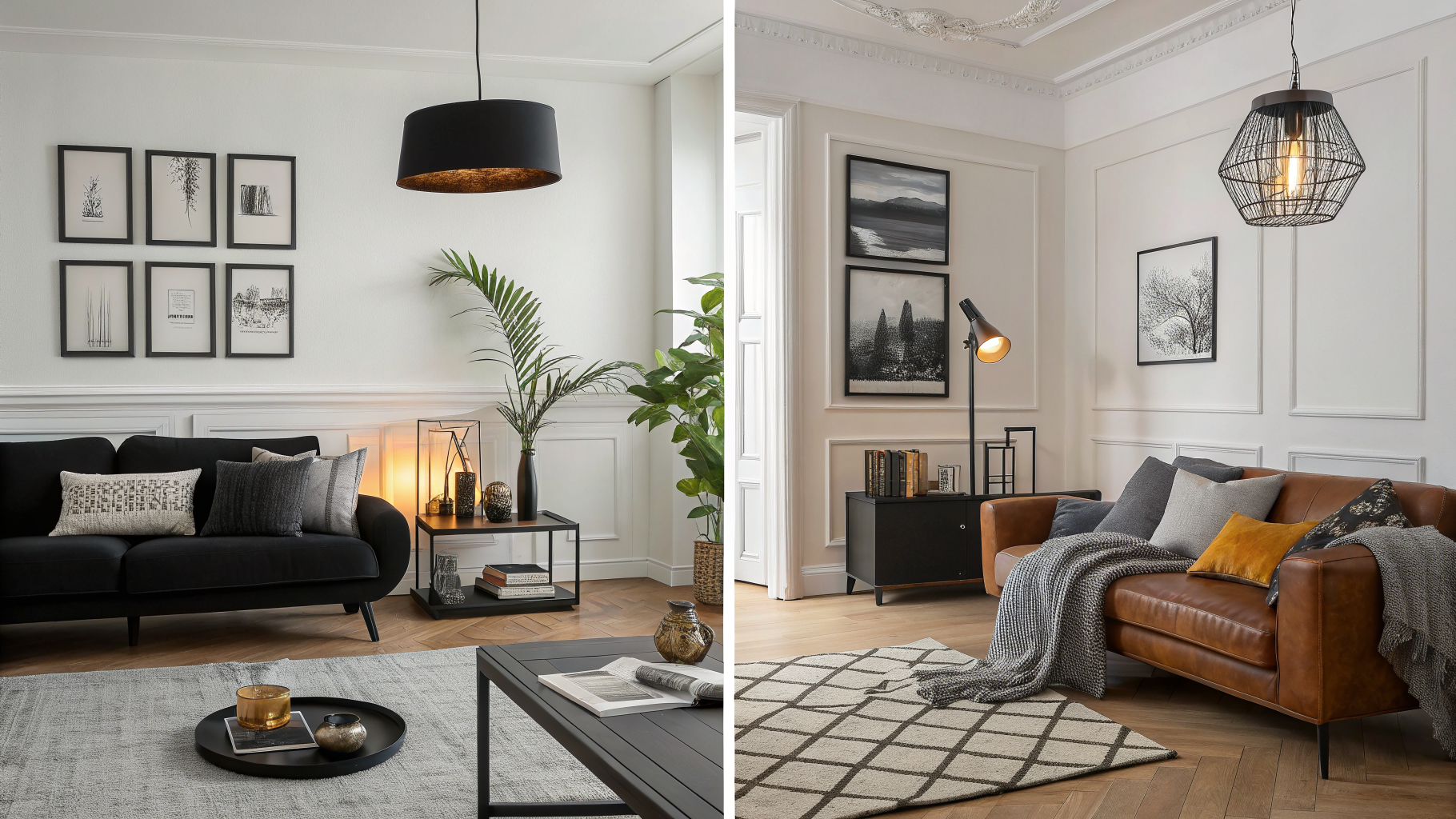 Side-by-side comparison of a poorly decorated room with scattered mismatched black accents versus a well-curated room with intentionally grouped black decor and warm layered lighting