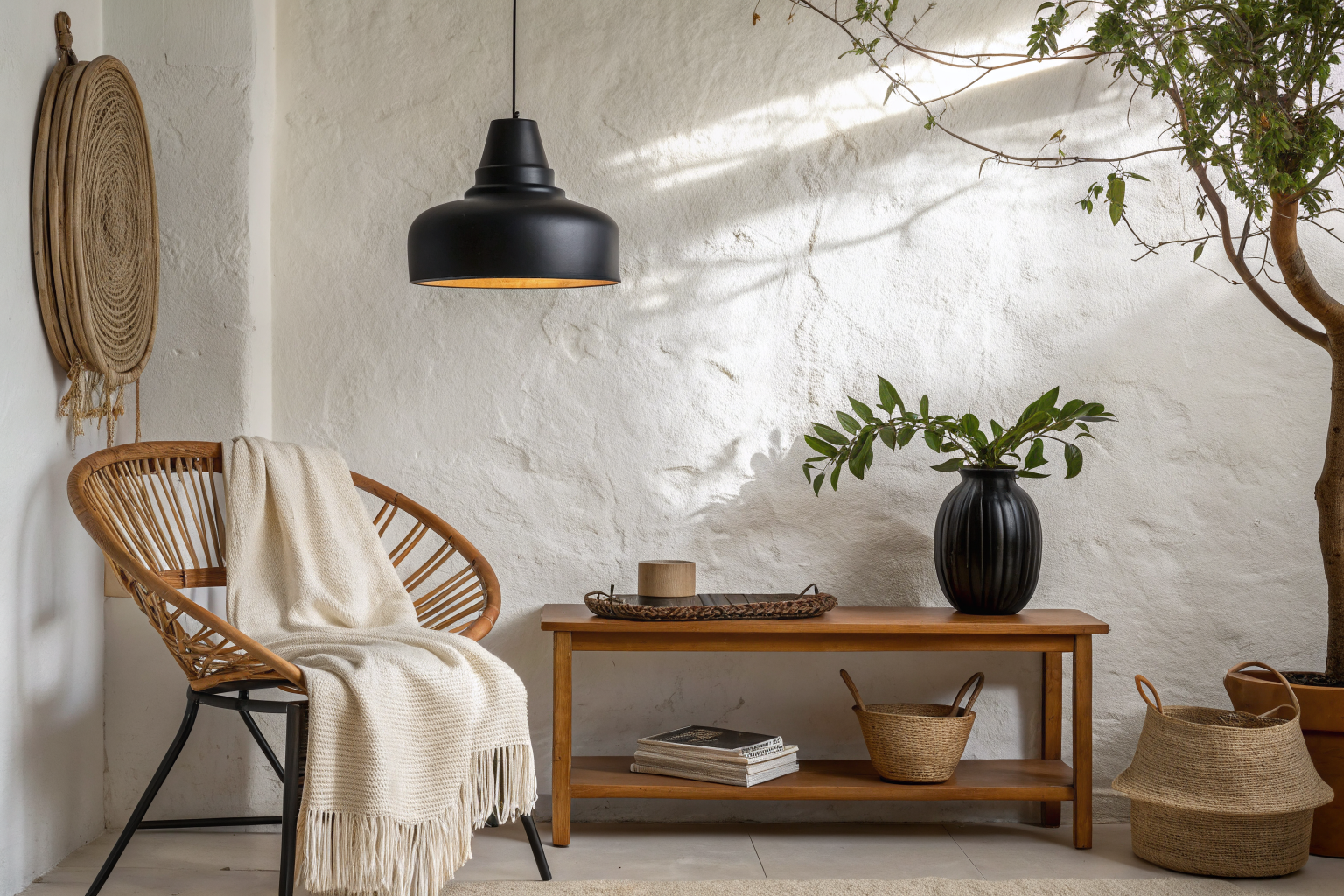 Interior vignette showing matte black pendant light and glossy black vase on a warm oak shelf, styled with cream linen, rattan chair, and terracotta pot against a warm white wall