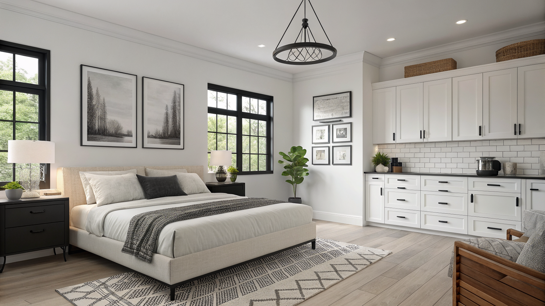 Six room vignettes showing different ways to incorporate black decor, including black window frames, matte black cabinet hardware, black bed frame, black bathroom fixtures, black desk frame, and a black painted dining room ceiling