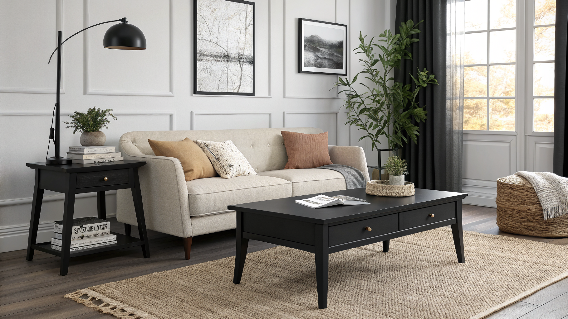 A bright, neutral living room styled with a matte black coffee table, slim-legged black side table, black-framed gallery wall, and black pendant light, showing how black accents work across any decorating style