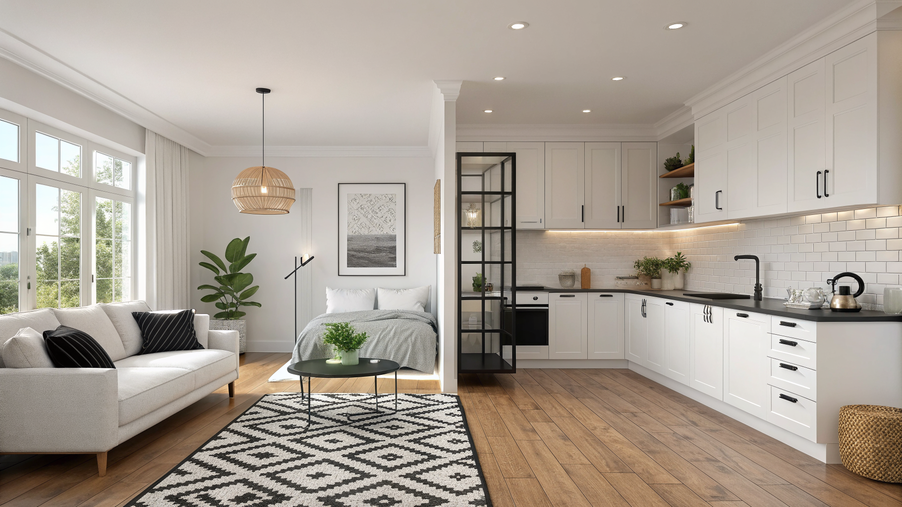 Four-room collage showing black and white interior design in a living room, kitchen, bedroom, and bathroom with varying contrast ratios