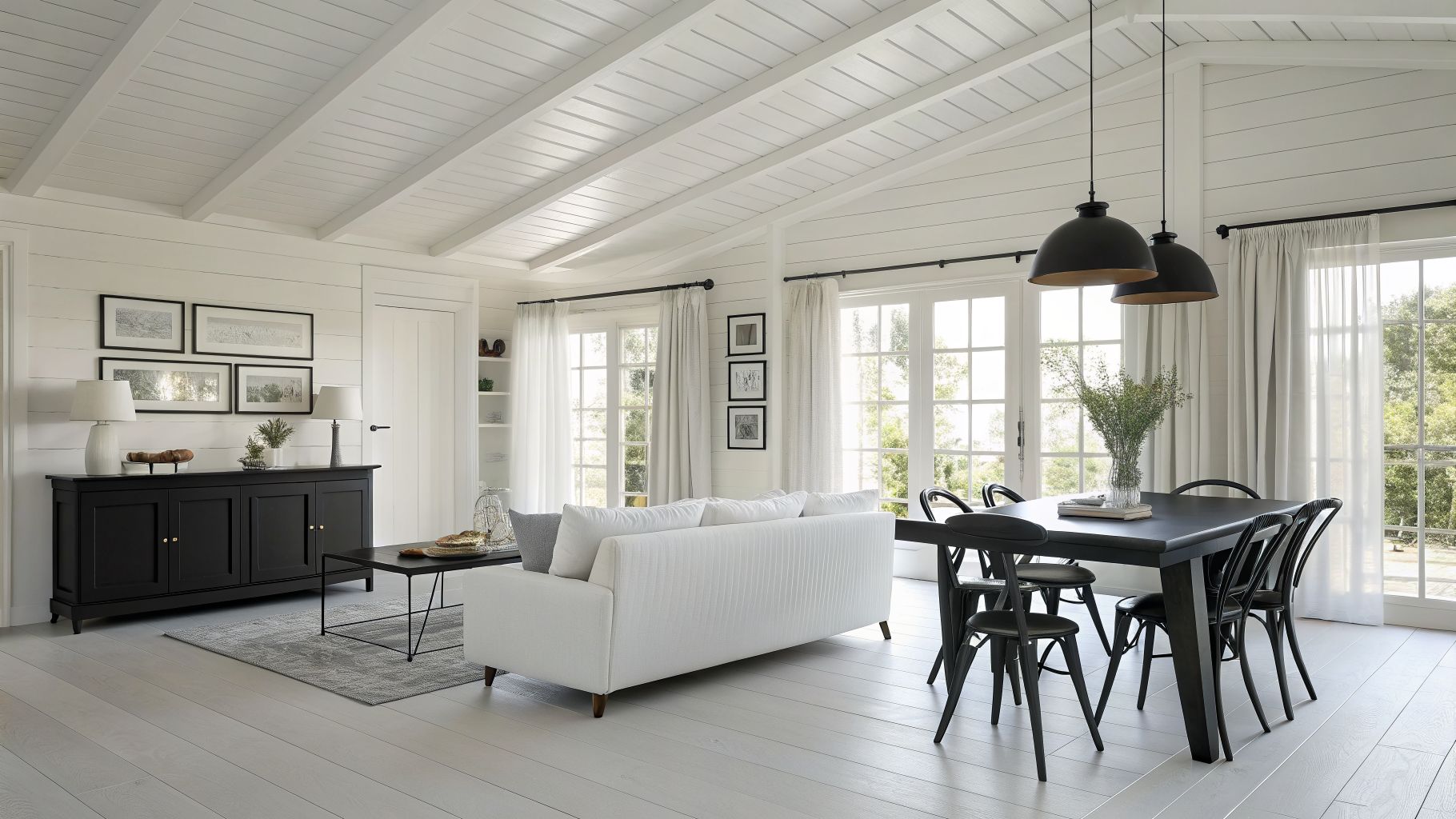 Open-plan living and dining room styled with a 70% white to 30% black color ratio, featuring white linen curtains, a white sofa, a black dining table, black lamp bases, and black picture frames as deliberate accent points