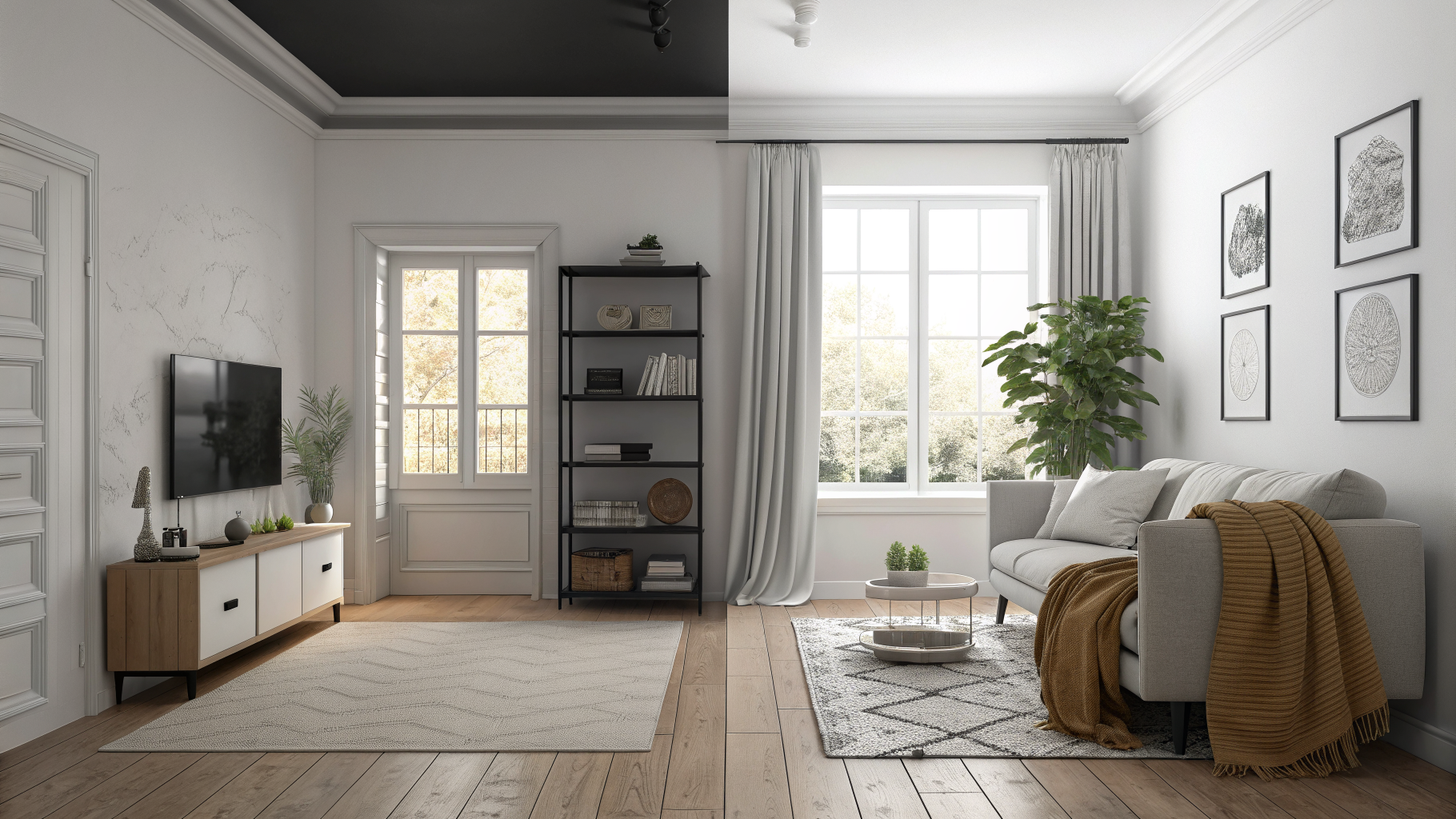 Side by side comparison of a black and white living room showing common decorating mistakes like mismatched whites and no accessories versus a correctly styled version with mixed finishes and layered decor