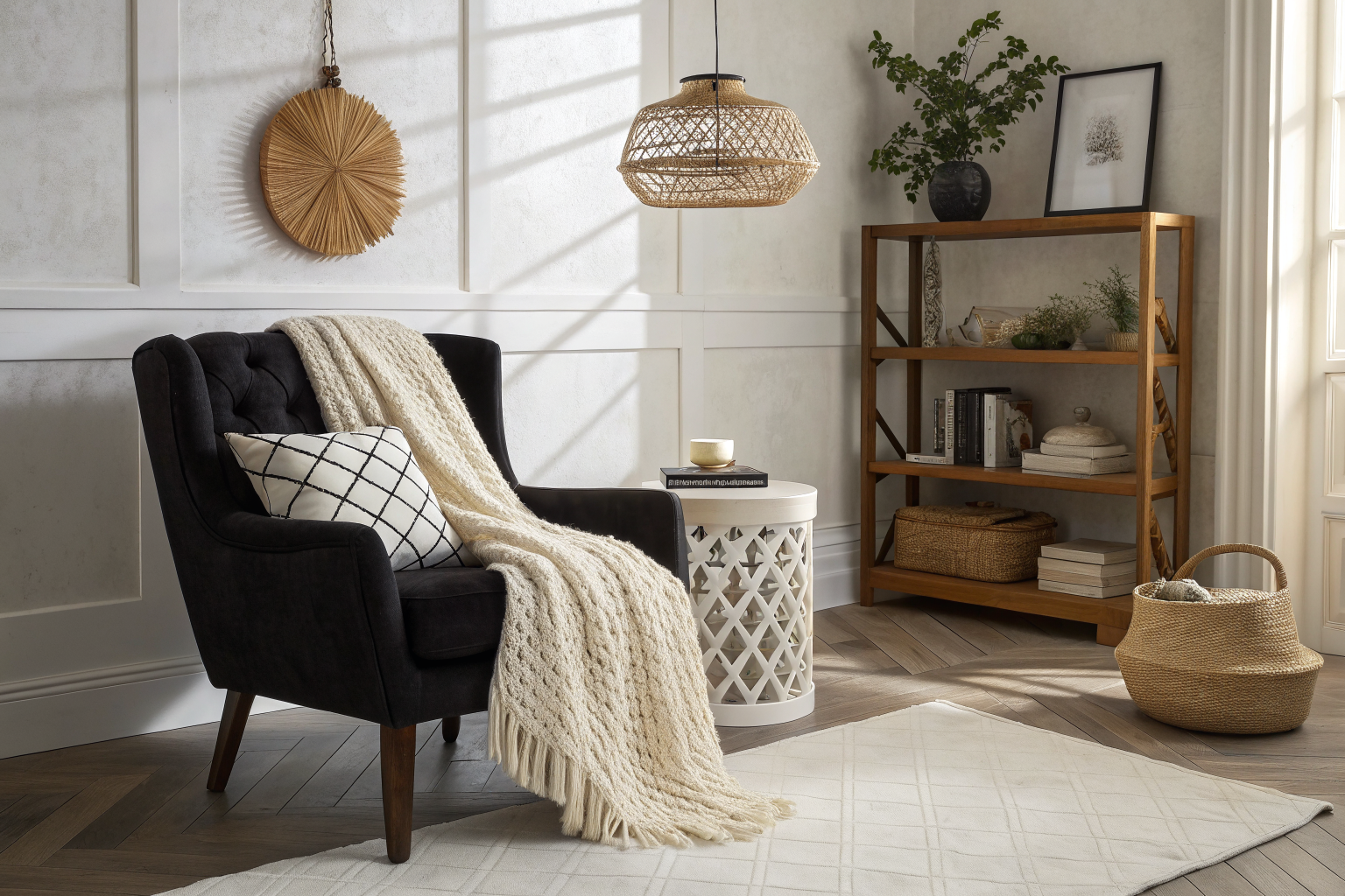 A black and white living room corner featuring a matte black armchair with a chunky cream boucle throw, polished white marble side table, a geometric patterned cushion, warm oak shelf, and a woven rattan pendant light