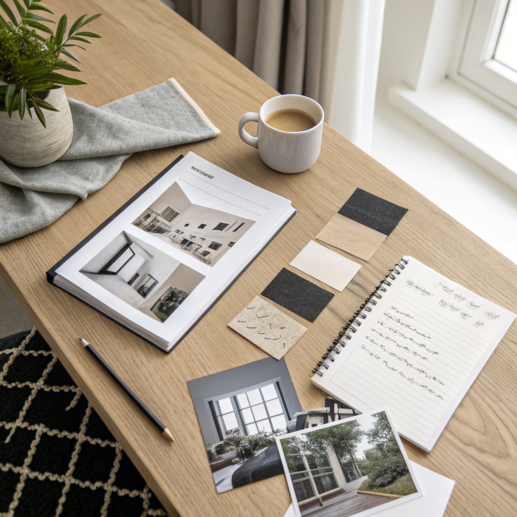 A flat lay of black and white interior design inspiration photos, fabric swatches, paint chips, and a notebook spread across a wooden desk in soft natural light