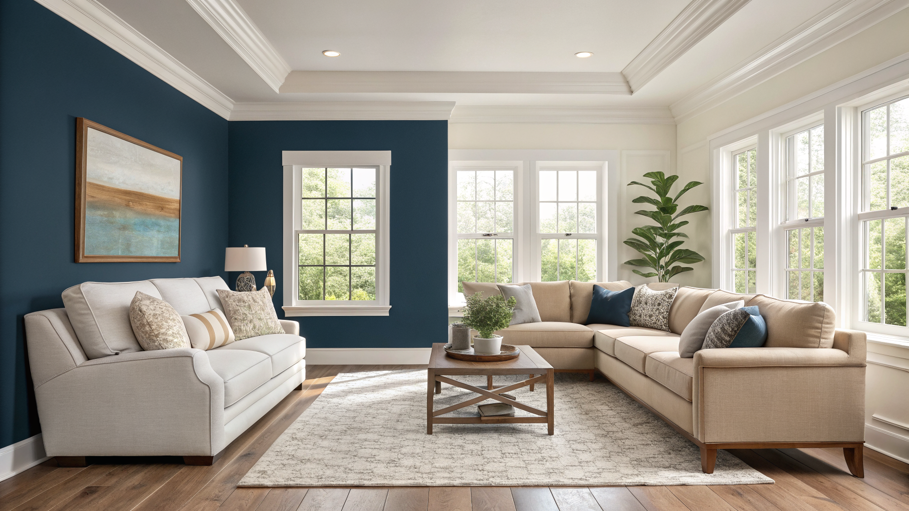 Side-by-side comparison of two living rooms showing navy blue used as a single accent wall in a small space versus dominant blue walls and furniture in a larger sunlit room