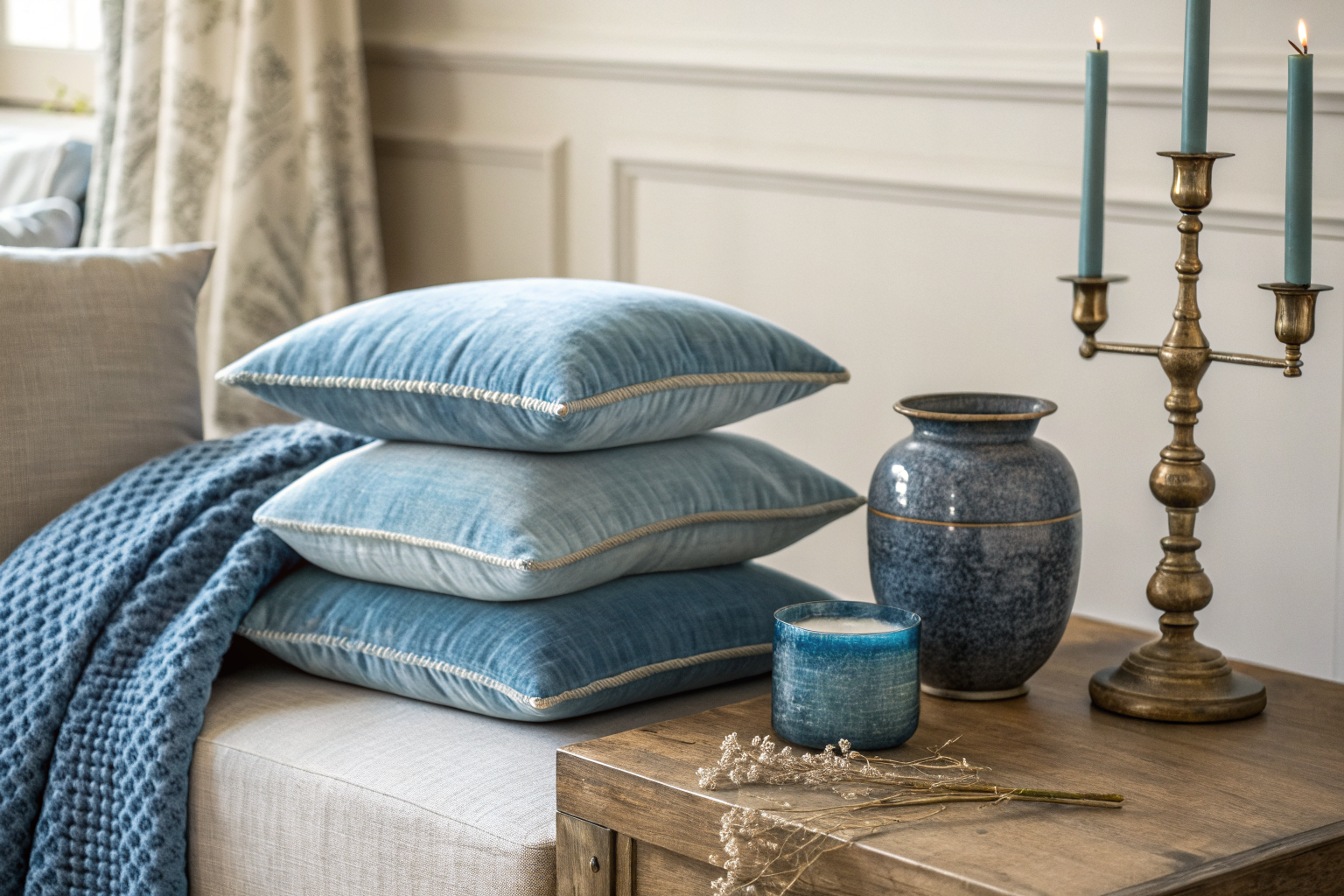 Layered blue home decor textures including a velvet cushion, chunky woven throw, matte ceramic vessel, and aged brass candlestick on a wire-brushed wood surface