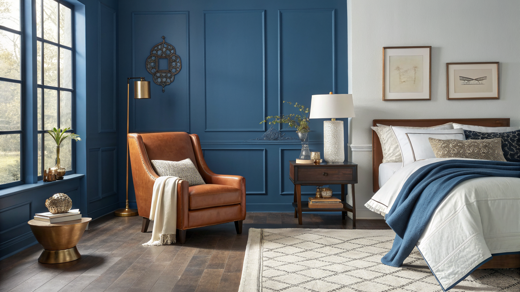 Interior design collage showing navy blue living room corner with brass and leather accents alongside a powder blue bedroom nook with warm wood and terracotta details, with paint swatches and decor samples in the foreground