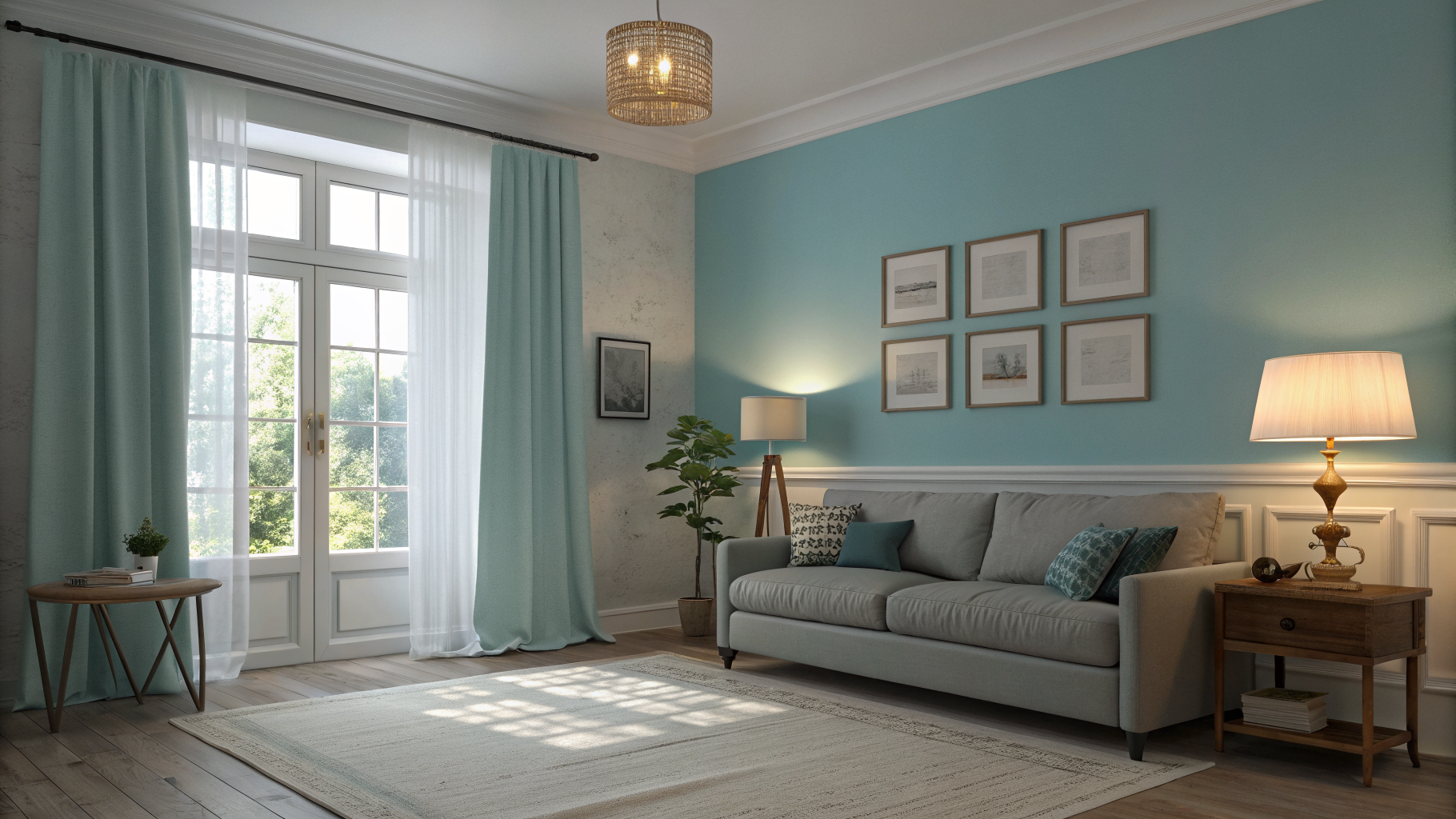 A blue-painted living room showing the same wall color appearing cool and gray under natural north-facing daylight on one side, and shifting to a warmer teal tone under artificial lamp light on the other side