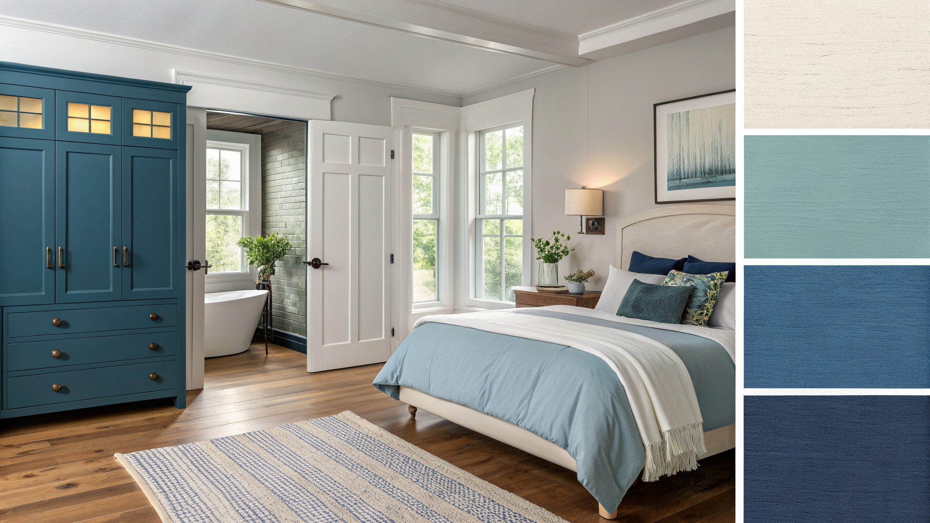A styled mood board showing five shades of blue paint paired with coordinating decor elements for the living room, bedroom, kitchen, bathroom, and home office