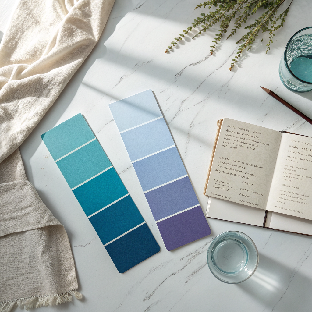 Three blue paint swatches with different undertones — teal-green, true blue, and purple-leaning — laid out on a white marble surface beside a notebook and glass of water in soft natural light