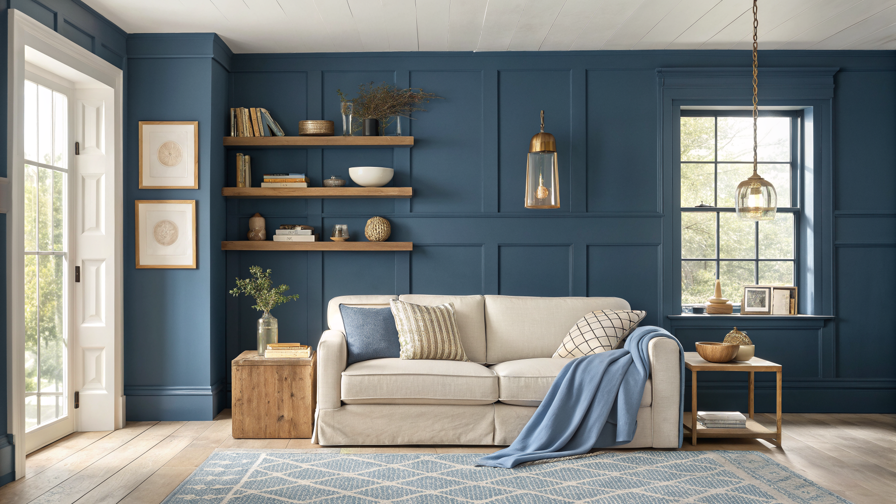 Open-plan living room with a dusty navy accent wall, natural oak shelving, cream linen sofa, warm brass fixtures, and a terracotta ceramic accent piece showing a balanced blue color palette