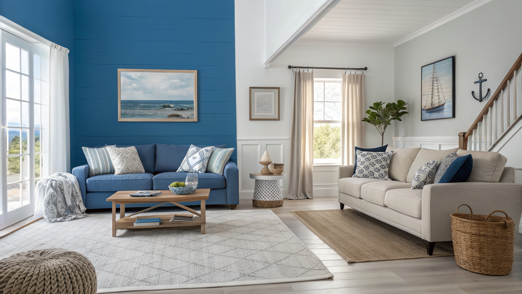 Side-by-side living room comparison showing a cold overdone all-blue room versus a warm balanced blue room with natural wood accents and layered textures