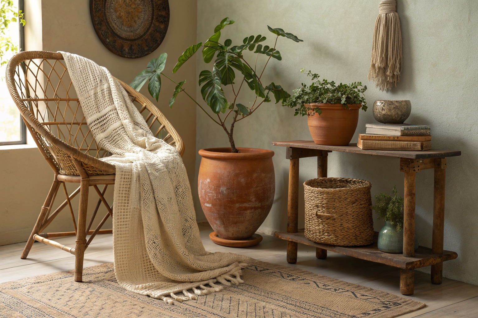A cozy bohemian corner with a rattan chair, terracotta pot, and a few carefully chosen natural decor pieces styled to look curated without clutter